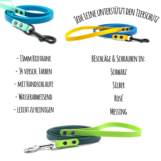 Gestallte deine neue individuelle 2-farbige Hundeleine mit Handschlaufe aus 13mm Biothane in deiner Länge: 1m, 2m, 3m, 5m, 10m, 15m, 20m