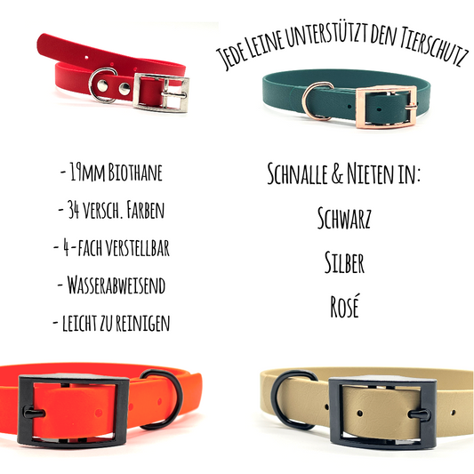 Gestalte dein neues Hundehalsband aus Biothane. Wähle aus vielen verschiedenen Farben, Längen, Materialien und unterstütze damit den Tierschutz. verstellbar
