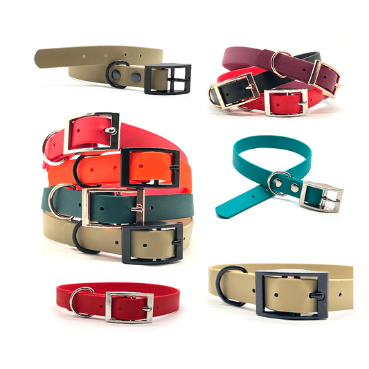 Gestallte dein neues Hundehalsband aus Biothane. Wähle aus vielen verschiedenen Farben, Längen, Materialien und unterstütze damit den Tierschutz. verstellbar